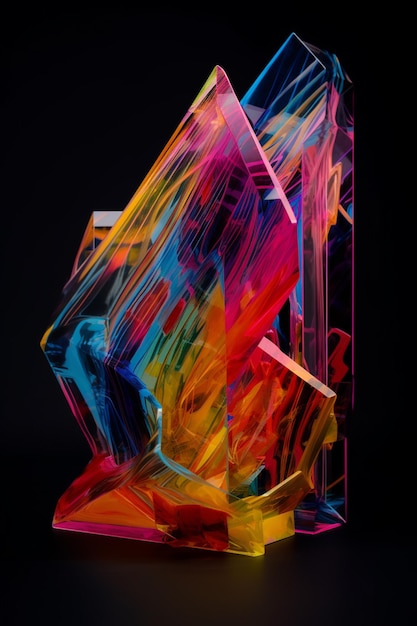 A colorful glass sculpture with a black background and the word quartz on it.