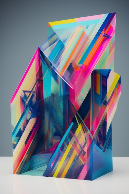 A colorful glass sculpture with a blue background and the word art on it.