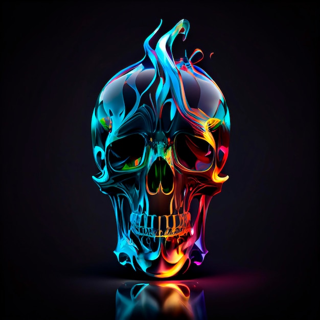 Colorful glass skull, 3d rendering, dark background