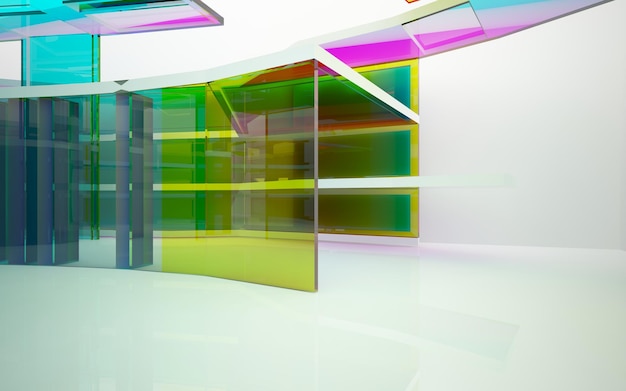 A colorful glass wall in a building with a glass door that says'glass'on it