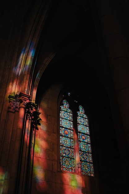 Colorful glass windows inside the Buen Pastor cathedral in San SebastiÃÂÃÂ¡n