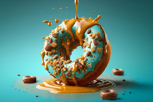 Colorful glazed donut on blue background