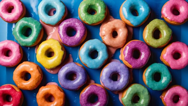 Colorful glazed donuts with splashes on blue background