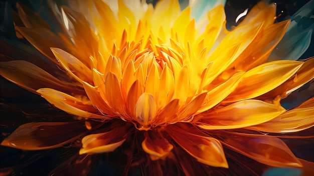 カラフルな光沢のある抽象的な現実的なホットイエローオレンジの巨大な花と魔法の光生成AI