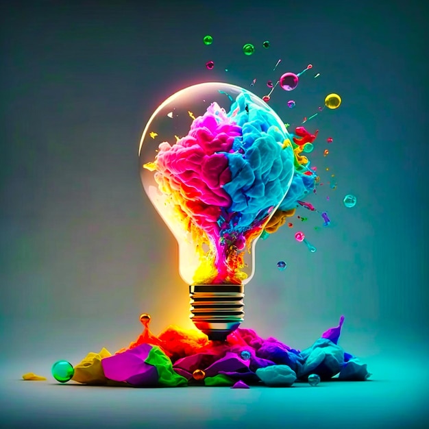 Colorful glowing 3d idea bulb lamp visualization generative AI