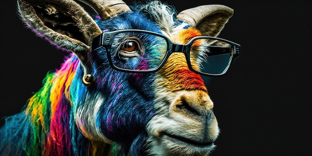 A colorful goat with glasses isolated on dark background Generative AI