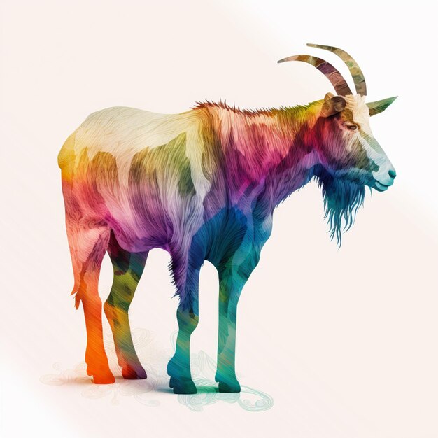 A colorful goat with a long beard and a long beard stands in a colorful painting.