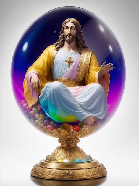 Цветная статуя Бога Иисуса Христа, сидящая в стеклянном шаре, созданном ИИ