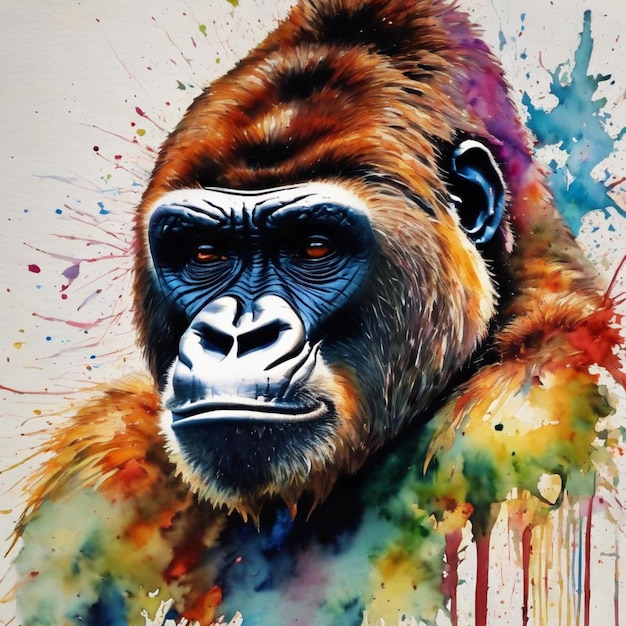 Colorful gorilla painting with splatters of paint