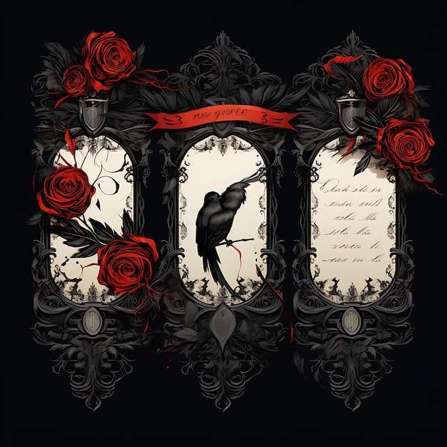 Foto lettera d'amore ispirata al gotico colorato carta pergamena nera arte intricata decorazione illustrazione flat2d