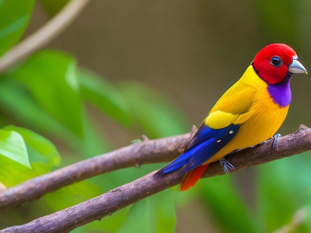 Colorful Gouldian Finch birds sitting in the nest and sits on a branch in the forest