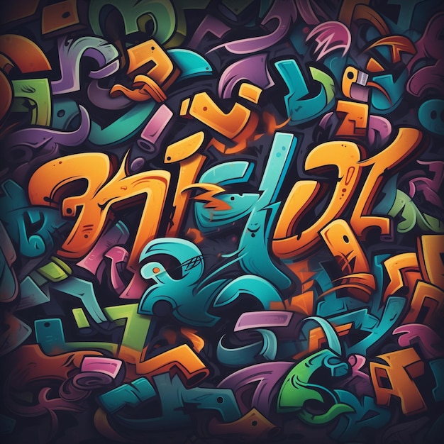 A colorful graffiti drawing of letters and numbers.