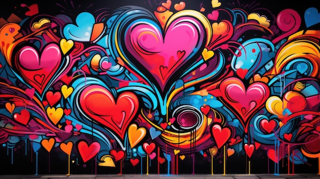 a colorful graffiti of hearts