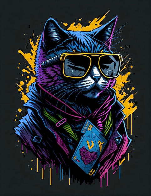 Colorful graffiti illustration of a cool cat wearing sunglasses Highly detailed