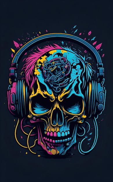 Colorful graffiti illustration of a cute skull wearing headphones vibrant color great detail