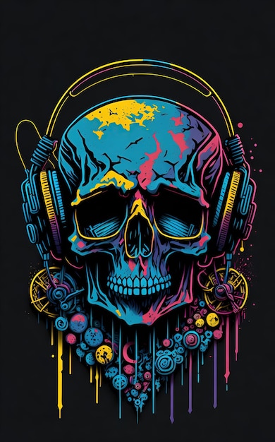 Colorful graffiti illustration of a cute skull wearing headphones vibrant color great detail