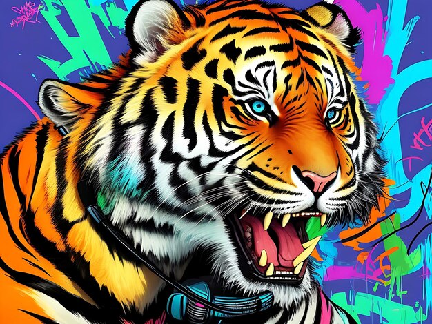 Photo colorful graffiti illustration of a tiger as a dj wearing headphones vibrant colors digital art