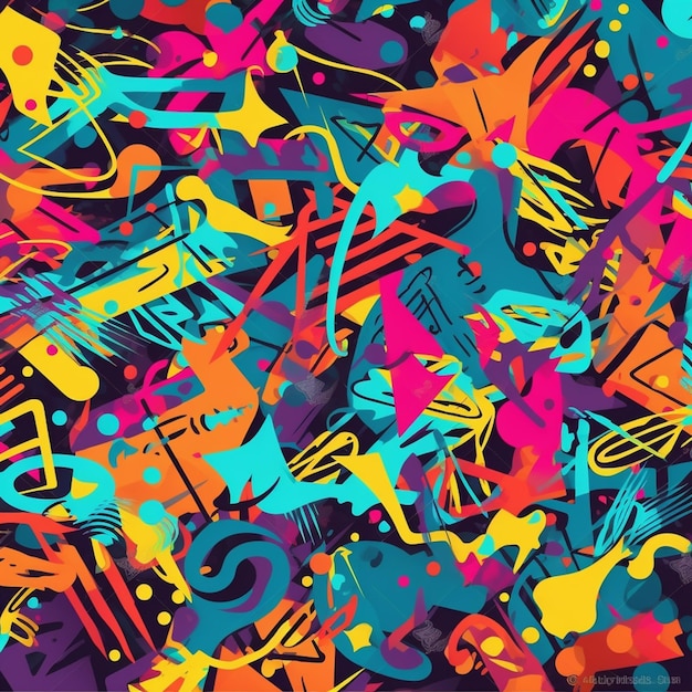 Colorful graffiti pattern on a black background.