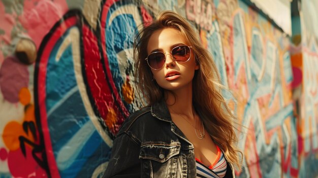 Photo colorful graffiti wall fashion portrait edgy street style woman with sunglasses