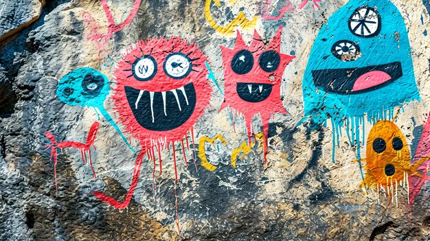 Colorful graffiti of whimsical characters painted on a rough textured stone surface exuding a