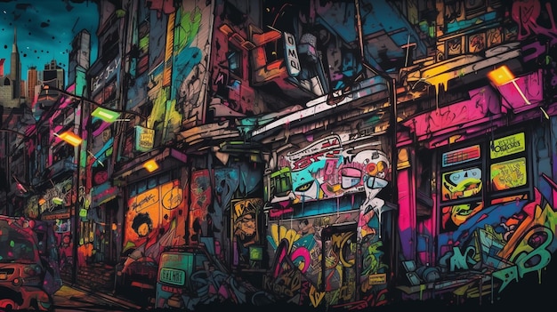 A colorful graffitied building with a sign that says'graffiti'on it