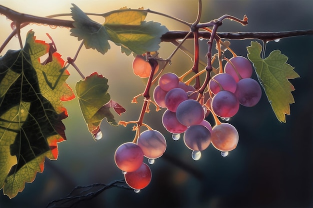 Colorful grapes on branch in sunlight close up