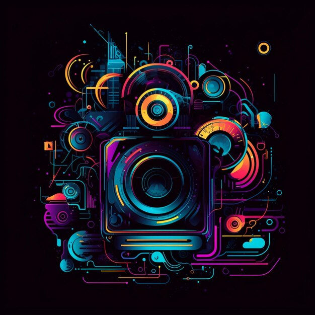 A colorful graphic of a camera with a black background