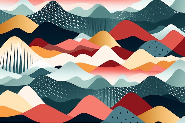 백그라운드에서 산맥과 산의 다채로운 그래픽.