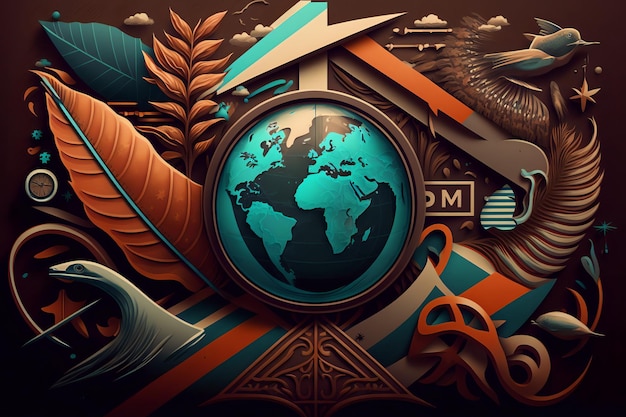 A colorful graphic with a globe and an eagle on it.