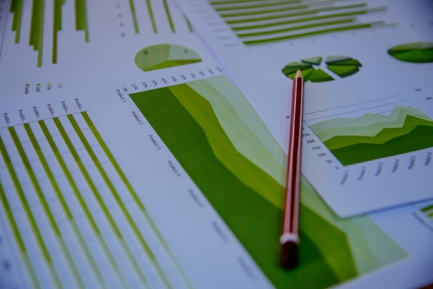 Grafici colorati, grafici, ricerca di marketing e contesto annuale di attività, progetto di gestione, pianificazione del budget, concetti finanziari e formativi