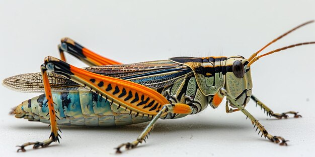 Photo a colorful grasshopper sits on a white surface