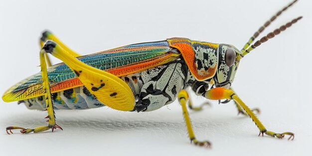 Photo a colorful grasshopper sits on a white surface