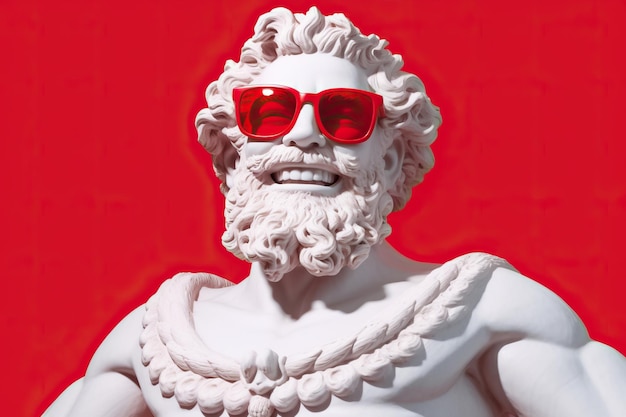 Красочная статуя греческого бога, изгибающаяся и улыбающаяся в крутых солнцезащитных очках
