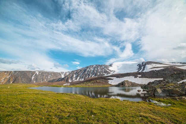 Colorful green landscape with mountain lake in sunlit meadow against high snowy mountain range under cloudy sky in changeable weather Vivid sunny scenery with snow mountains reflected in alpine lake