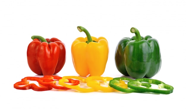 Colorful green , red and yellow bell peppers paprika isolated