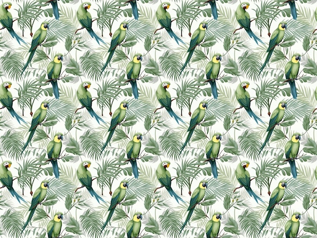 Colorful green tropical floral seamless pattern with parrots natural backround Digital paper