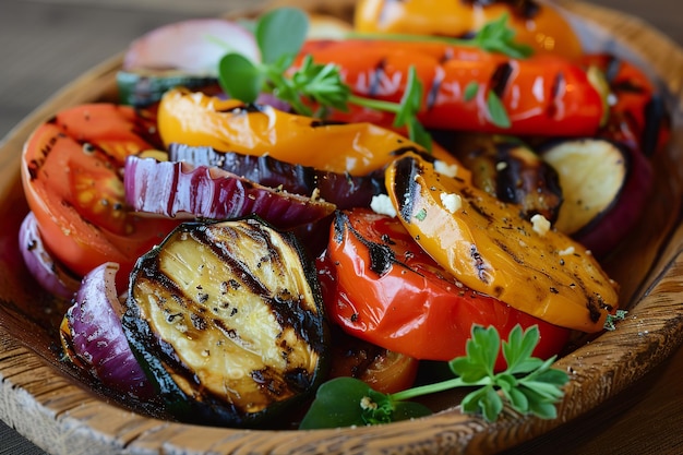 Colorful grilled vegetables on wooden platter