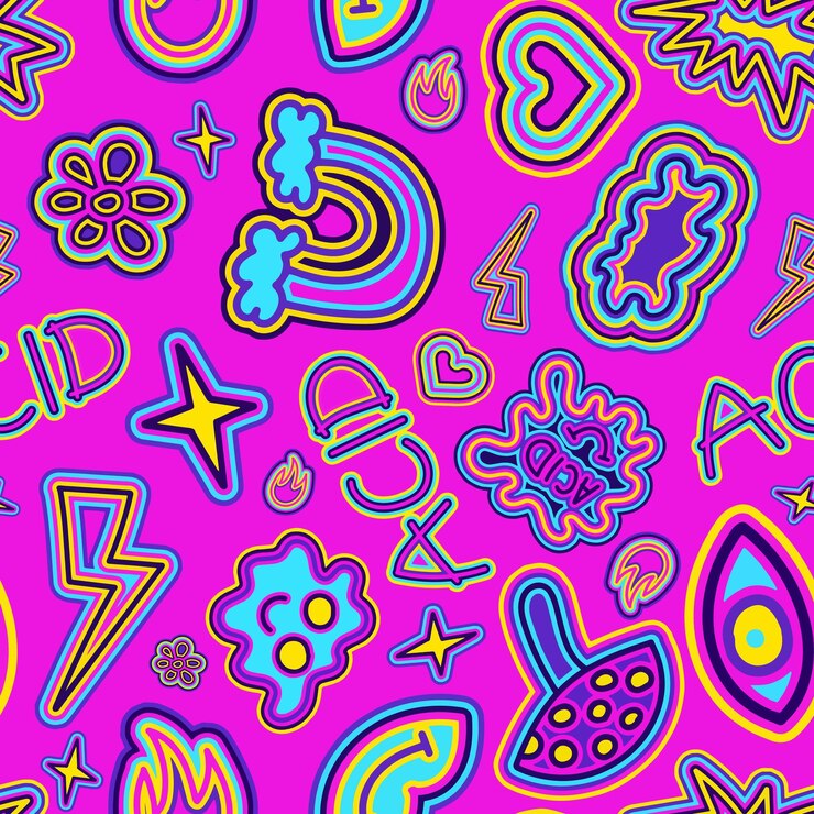Photo colorful groovy hippie pattern with flowers geometric shapes on pink background