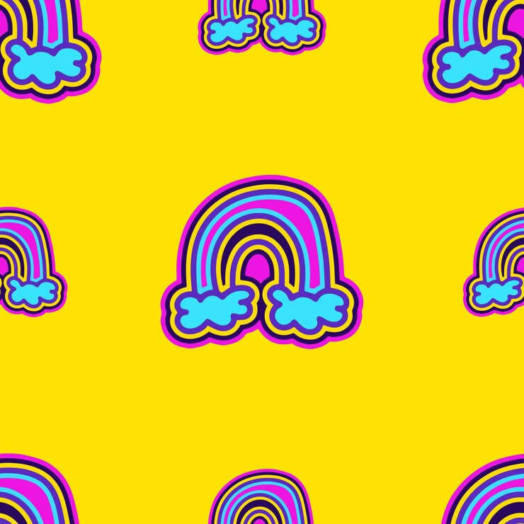 Photo colorful groovy hippie pattern with geometric rainbow shapes on yellow background
