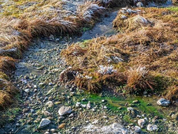 Colorful ground near water in Deildartunguhver hot spring with snow on grass in Iceland