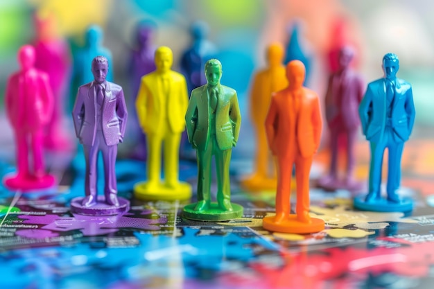 a colorful group of miniature figurines with one wearing a suit