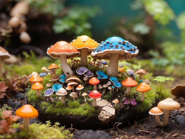 A colorful group of mushrooms on a rock ai generator