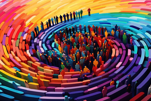 a colorful group of people in a circular pattern