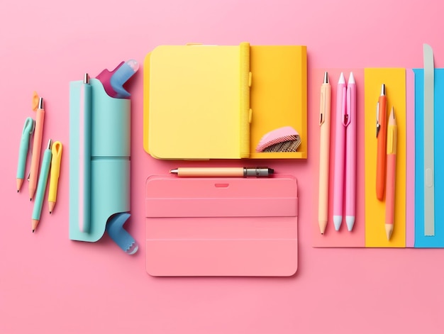 Colorful Group of school supplies equipment on pink background