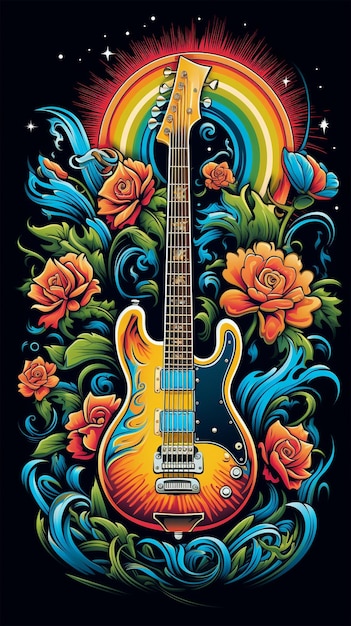 Colorful guitar on a black background generated by AI