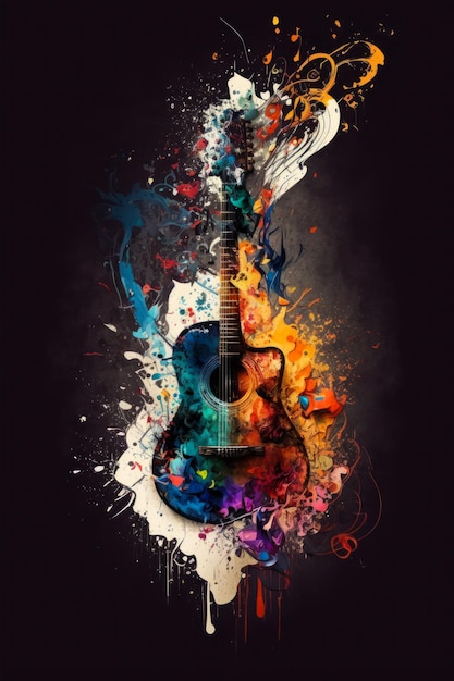 Colorful guitar on black background Generative AI