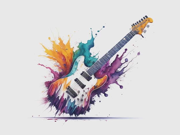 Colorful guitar watercolor splash effect on white background