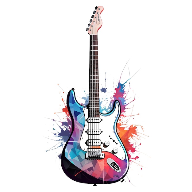 앞면에 다채로운 디자인과 부분에 파란색 단어가 있는 다채로운 기타