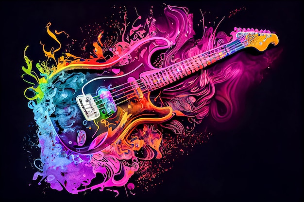 A colorful guitar with a flame on it