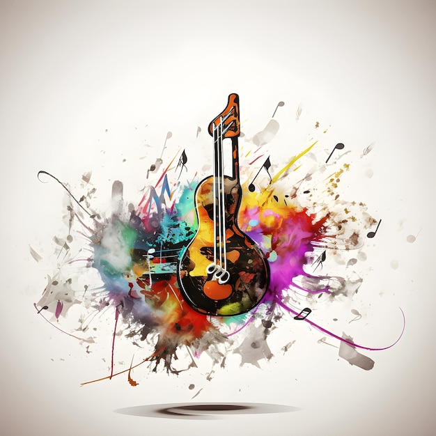 A colorful guitar with music notes on it